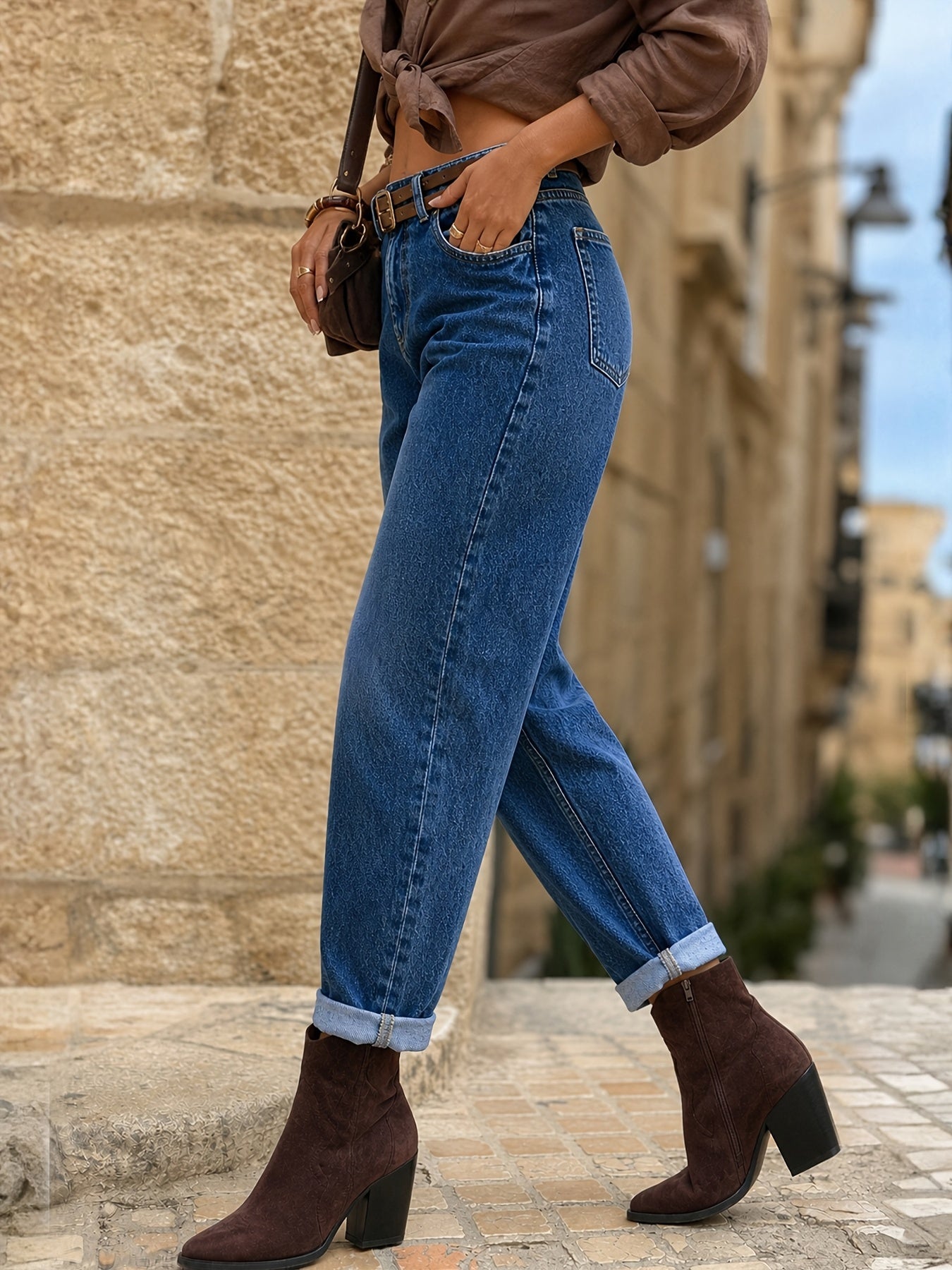 Effortless Deep Blue Relaxed Mom Jeans for Women with High Waist Cuffed Straight Leg