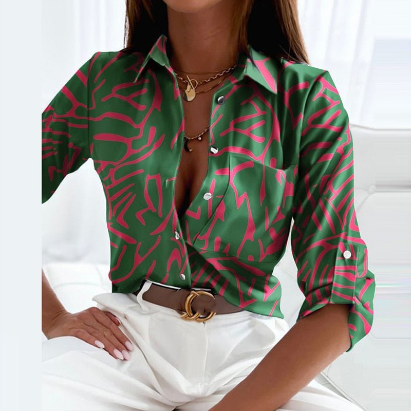 Effortless Abstract Print Shirt for Women with Collar Elbow Sleeve Button Front Casual Style