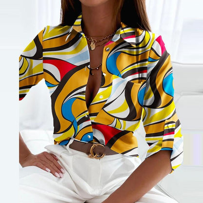 Effortless Abstract Print Shirt for Women with Collar Elbow Sleeve Button Front Casual Style