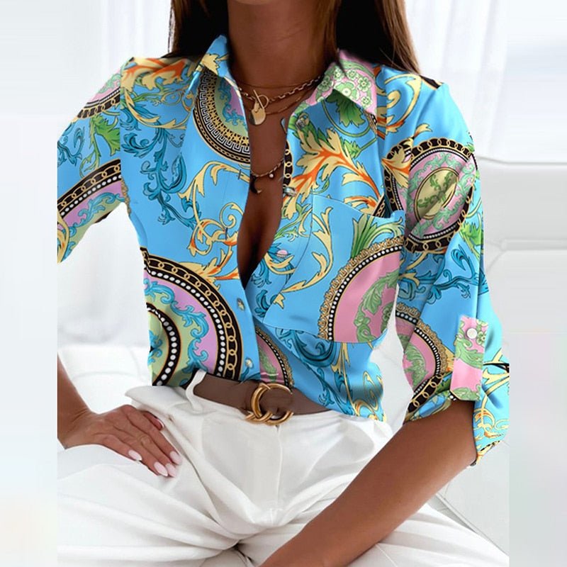 Effortless Abstract Print Shirt for Women with Collar Elbow Sleeve Button Front Casual Style