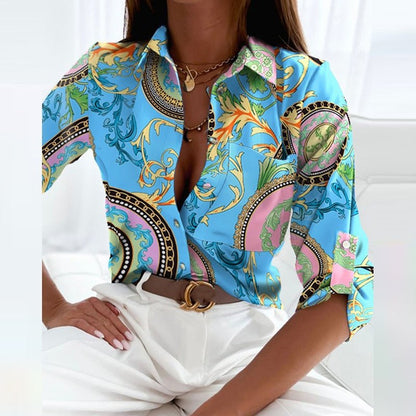 Effortless Abstract Print Shirt for Women with Collar Elbow Sleeve Button Front Casual Style
