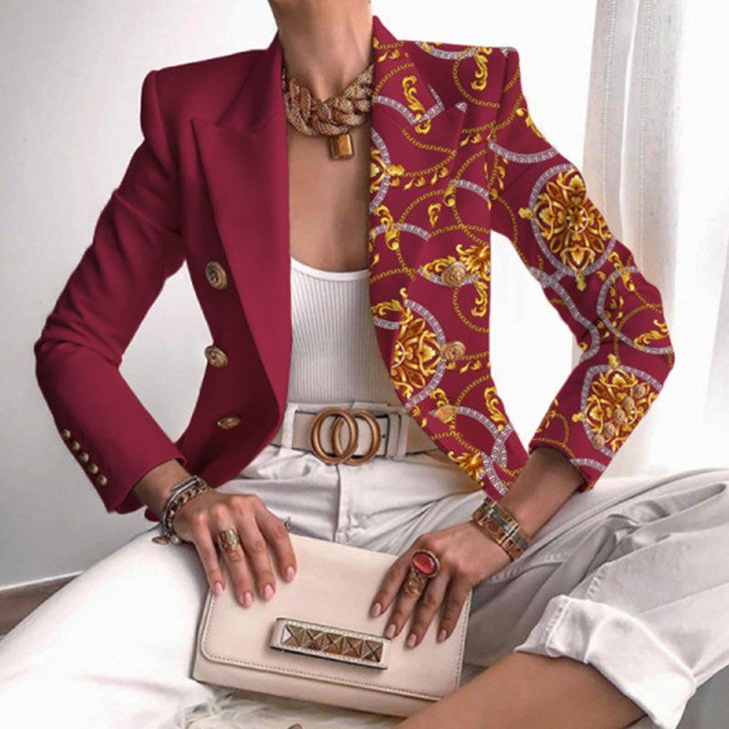Elegant Blazer for Women with Notched Lapel Long Sleeve Contrast Panel Double Breasted Style