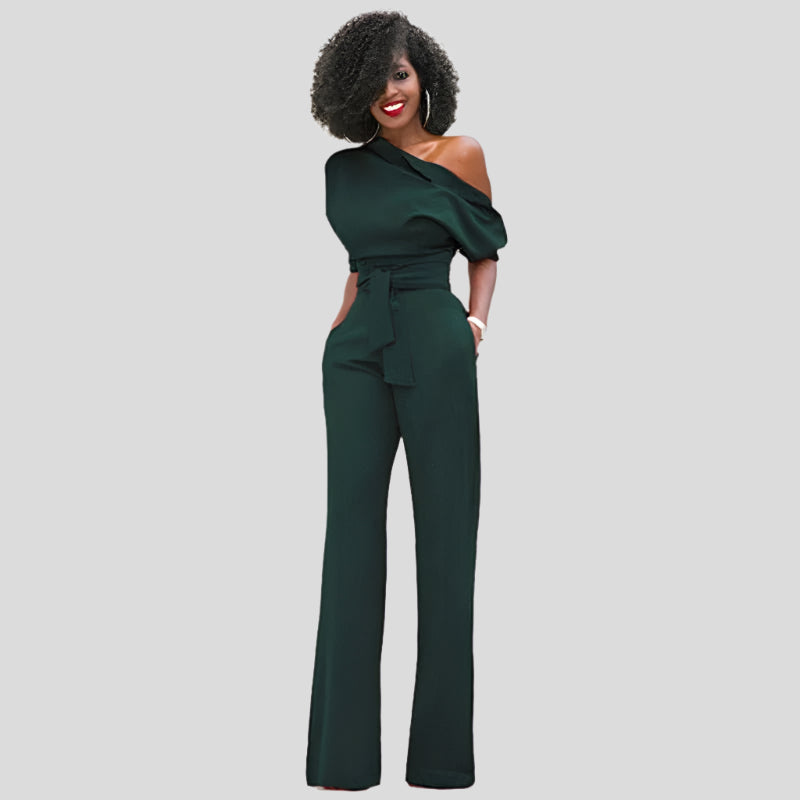 Elegant Wide Leg Jumpsuit for Women with One Shoulder Batwing Sleeve Belted Waist Formal Style