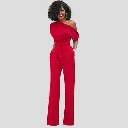 Elegant Wide Leg Jumpsuit for Women with One Shoulder Batwing Sleeve Belted Waist Formal Style