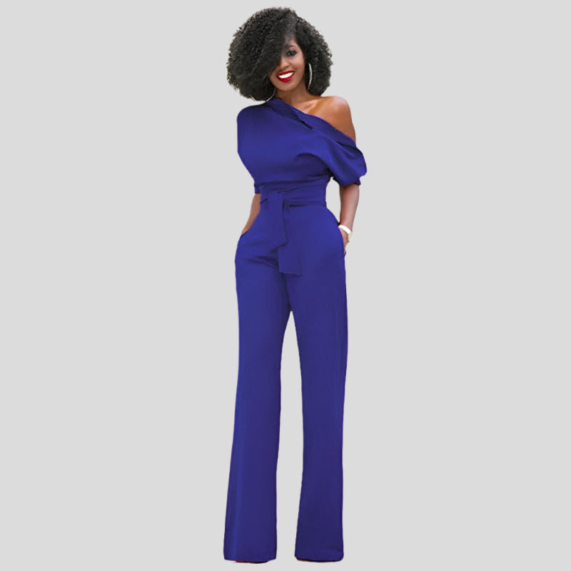 Elegant Wide Leg Jumpsuit for Women with One Shoulder Batwing Sleeve Belted Waist Formal Style