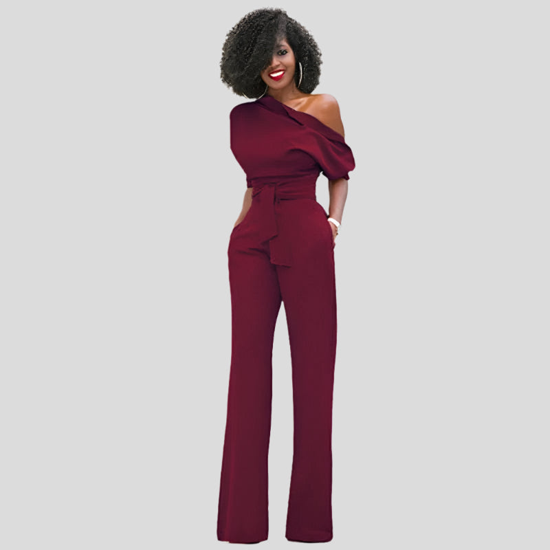 Elegant Wide Leg Jumpsuit for Women with One Shoulder Batwing Sleeve Belted Waist Formal Style