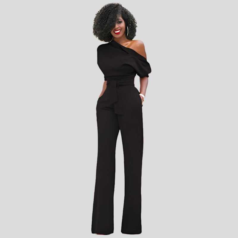 Elegant Wide Leg Jumpsuit for Women with One Shoulder Batwing Sleeve Belted Waist Formal Style