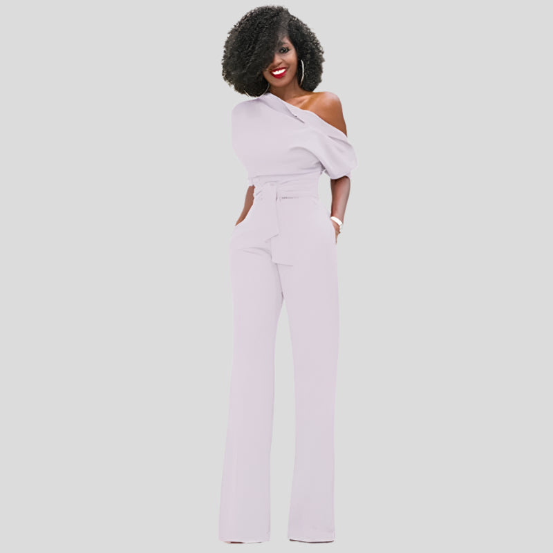 Elegant Wide Leg Jumpsuit for Women with One Shoulder Batwing Sleeve Belted Waist Formal Style