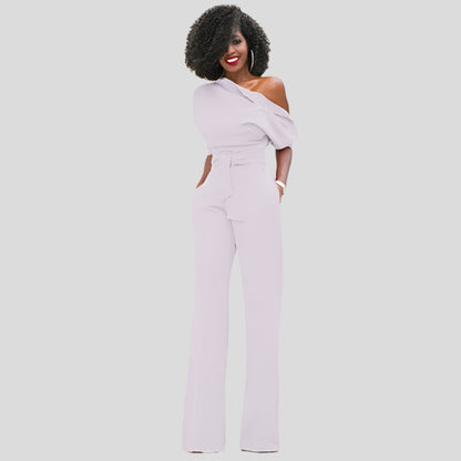 Elegant Wide Leg Jumpsuit for Women with One Shoulder Batwing Sleeve Belted Waist Formal Style