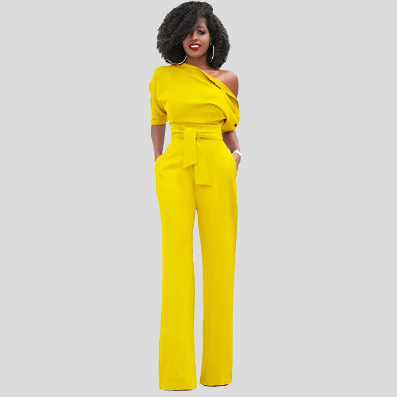 Elegant Wide Leg Jumpsuit for Women with One Shoulder Batwing Sleeve Belted Waist Formal Style