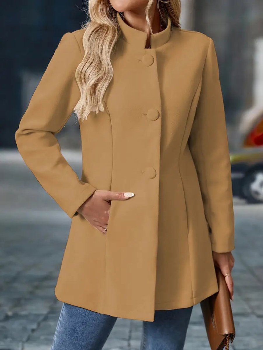 Elegant Tailored Coat for Women with Stand Collar Long Sleeve Button Front Longline Style