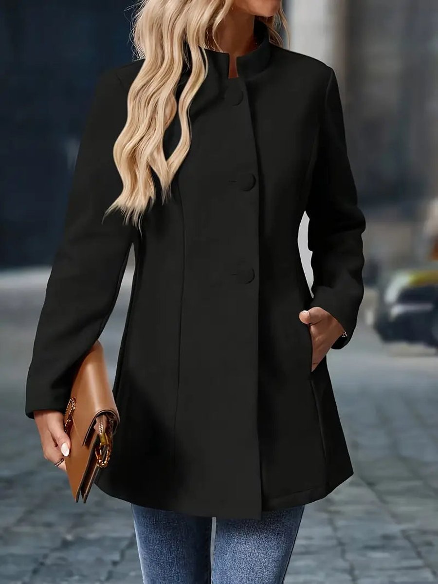 Elegant Tailored Coat for Women with Stand Collar Long Sleeve Button Front Longline Style