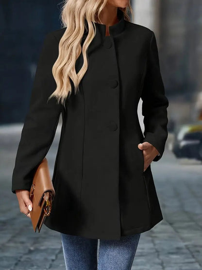 Elegant Tailored Coat for Women with Stand Collar Long Sleeve Button Front Longline Style