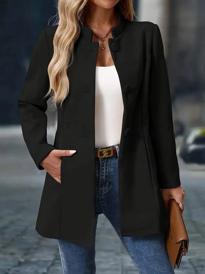 Elegant Tailored Coat for Women with Stand Collar Long Sleeve Button Front Longline Style