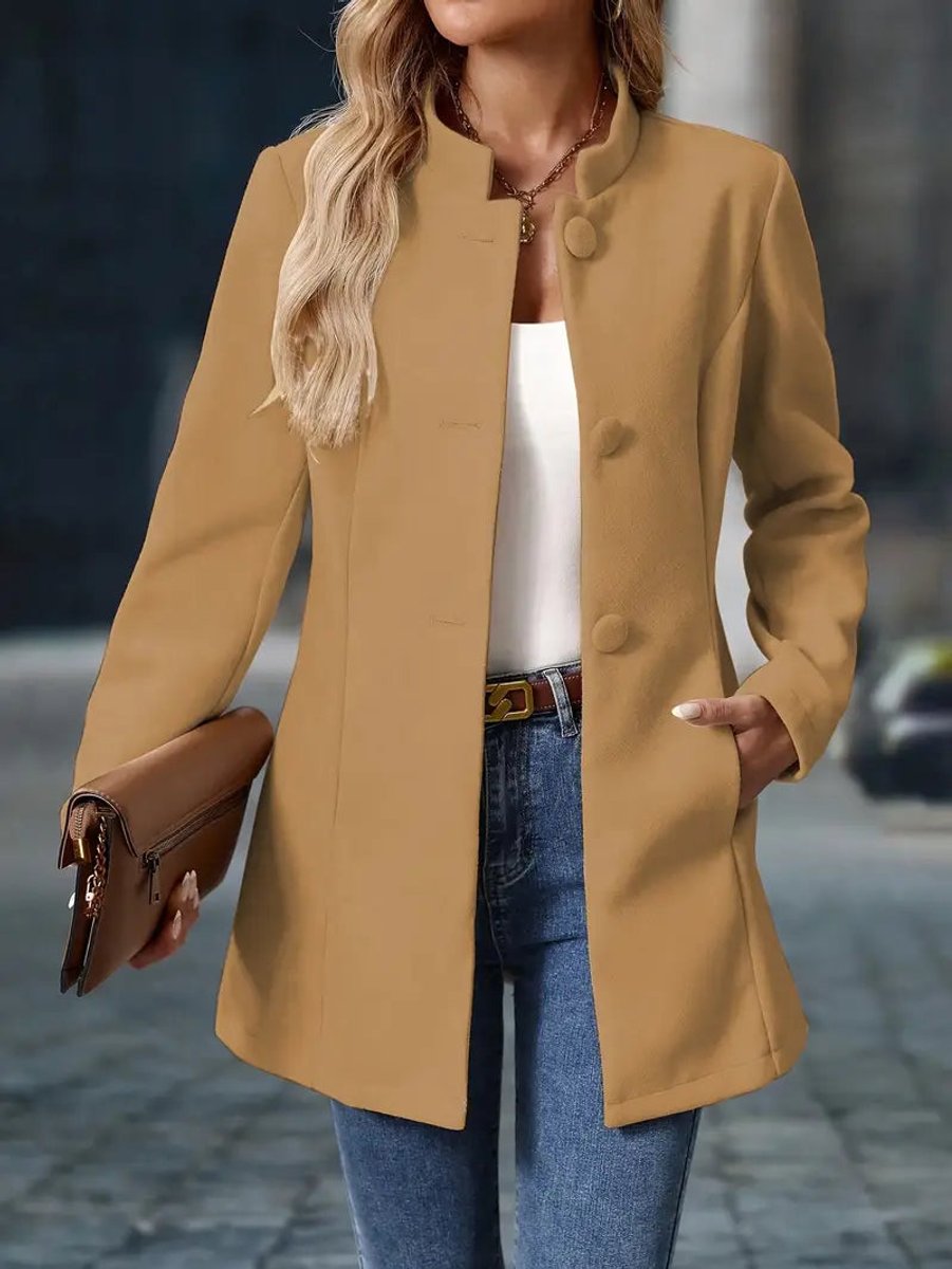 Elegant Tailored Coat for Women with Stand Collar Long Sleeve Button Front Longline Style