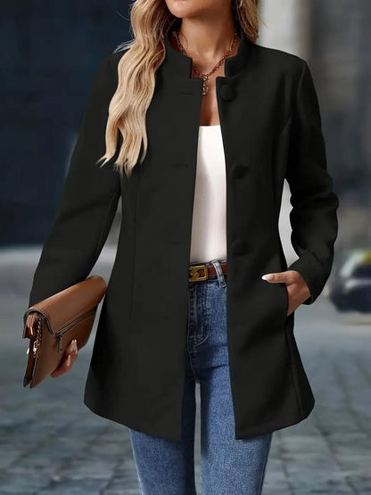 Elegant Tailored Coat for Women with Stand Collar Long Sleeve Button Front Longline Style