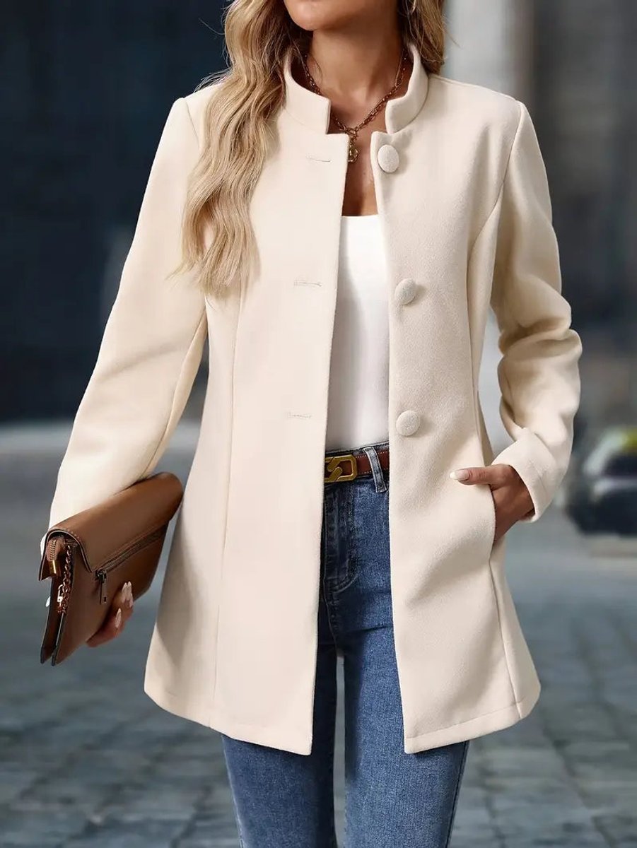 Elegant Tailored Coat for Women with Stand Collar Long Sleeve Button Front Longline Style