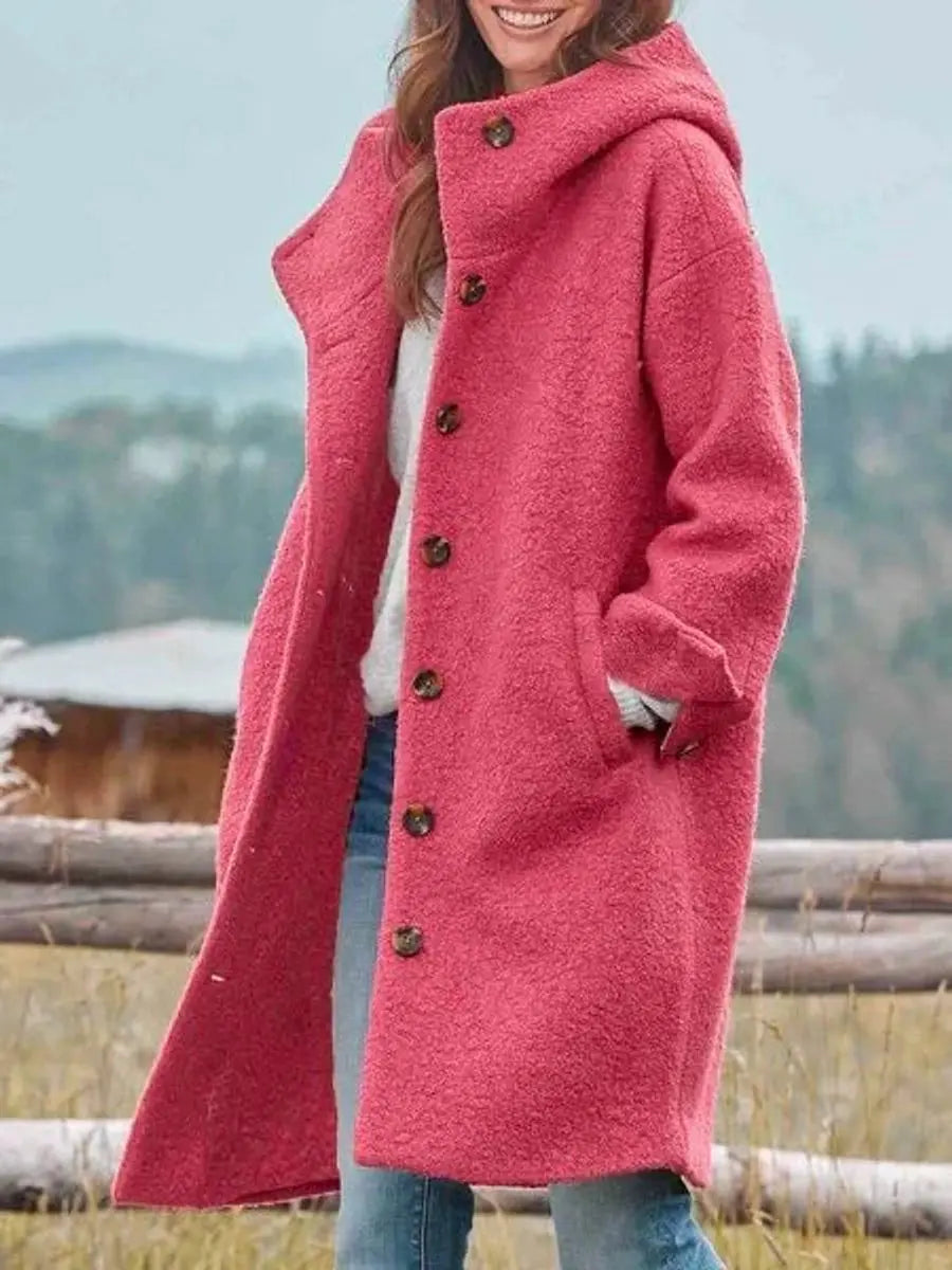 Elegant Wool Women's Long Overcoat with Hooded Button Front Full Sleeve Oversized Style