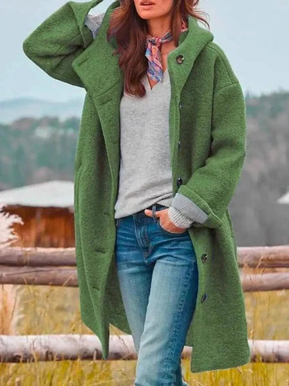 Elegant Wool Women's Long Overcoat with Hooded Button Front Full Sleeve Oversized Style
