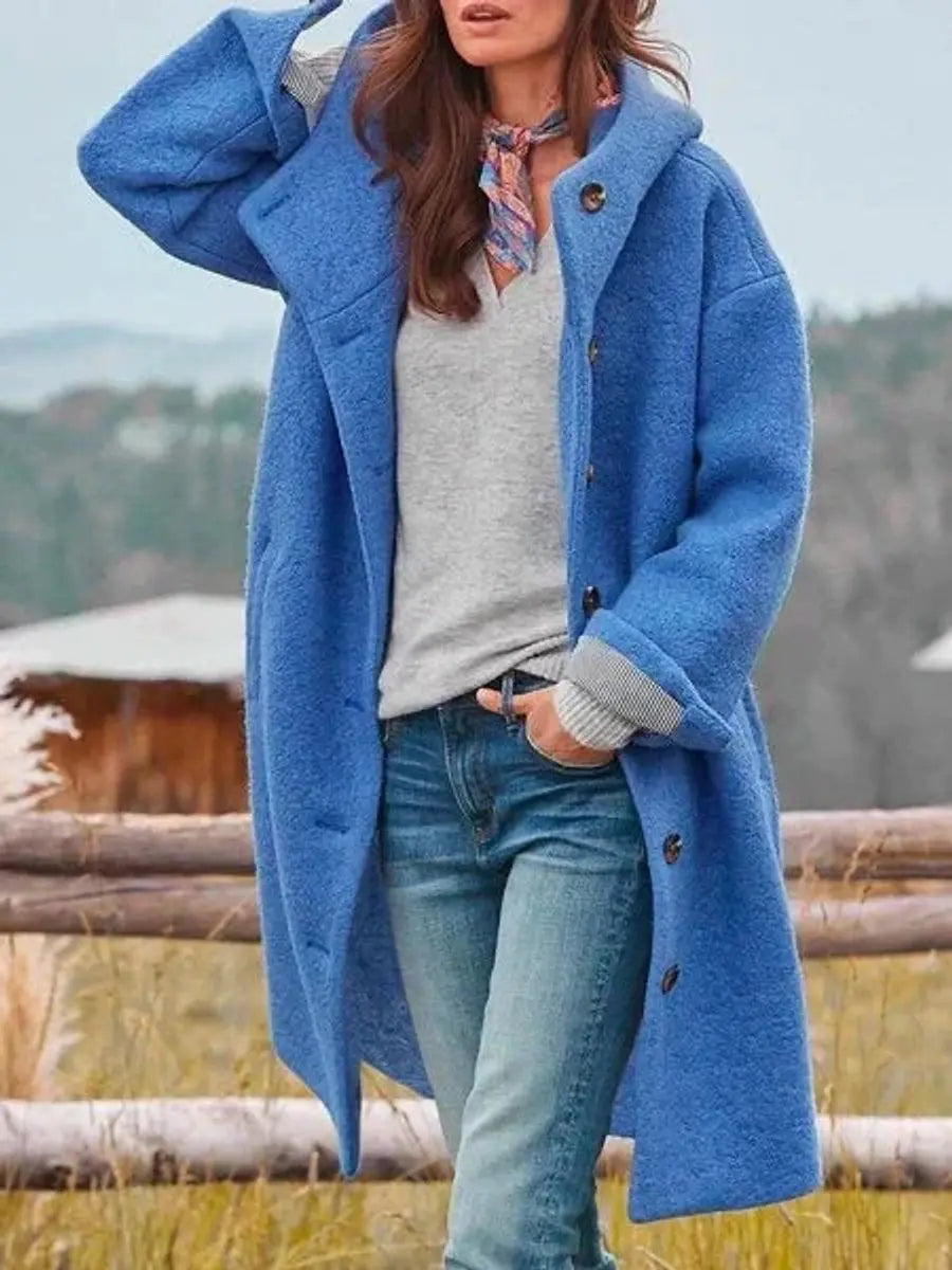 Elegant Wool Women's Long Overcoat with Hooded Button Front Full Sleeve Oversized Style