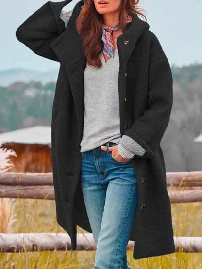 Elegant Wool Women's Long Overcoat with Hooded Button Front Full Sleeve Oversized Style