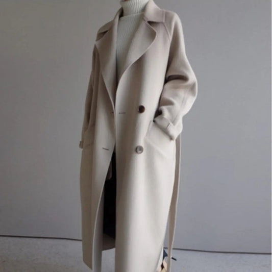 Elegant Double Breasted Long Winter Coat for Women Overcoat with Notched Lapel Long Sleeve Belted Relaxed Style
