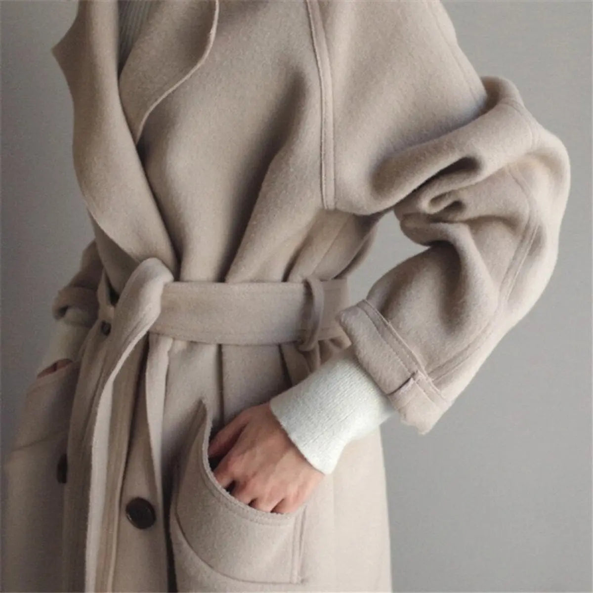 Elegant Double Breasted Women's Long Overcoat for Women with Notched Lapel Long Sleeve Belted Relaxed Style