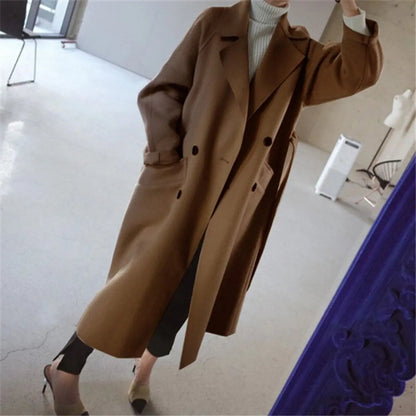 Elegant Double Breasted Women's Long Overcoat for Women with Notched Lapel Long Sleeve Belted Relaxed Style