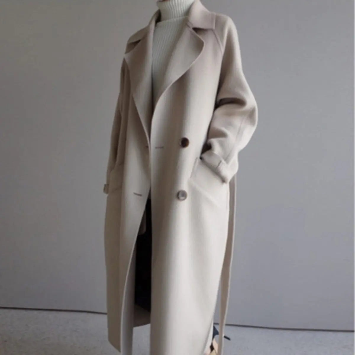 Elegant Double Breasted Women's Long Overcoat for Women with Notched Lapel Long Sleeve Belted Relaxed Style