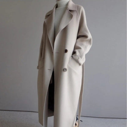 Elegant Double Breasted Women's Long Overcoat for Women with Notched Lapel Long Sleeve Belted Relaxed Style