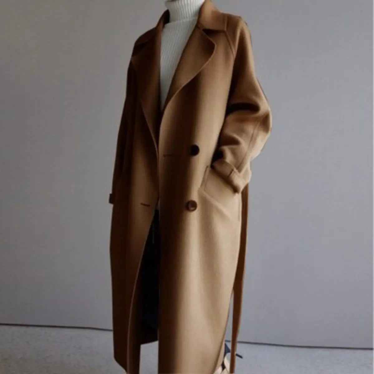 Elegant Double Breasted Women's Long Overcoat for Women with Notched Lapel Long Sleeve Belted Relaxed Style