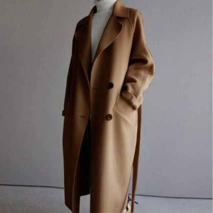 Elegant Double Breasted Women's Long Overcoat for Women with Notched Lapel Long Sleeve Belted Relaxed Style