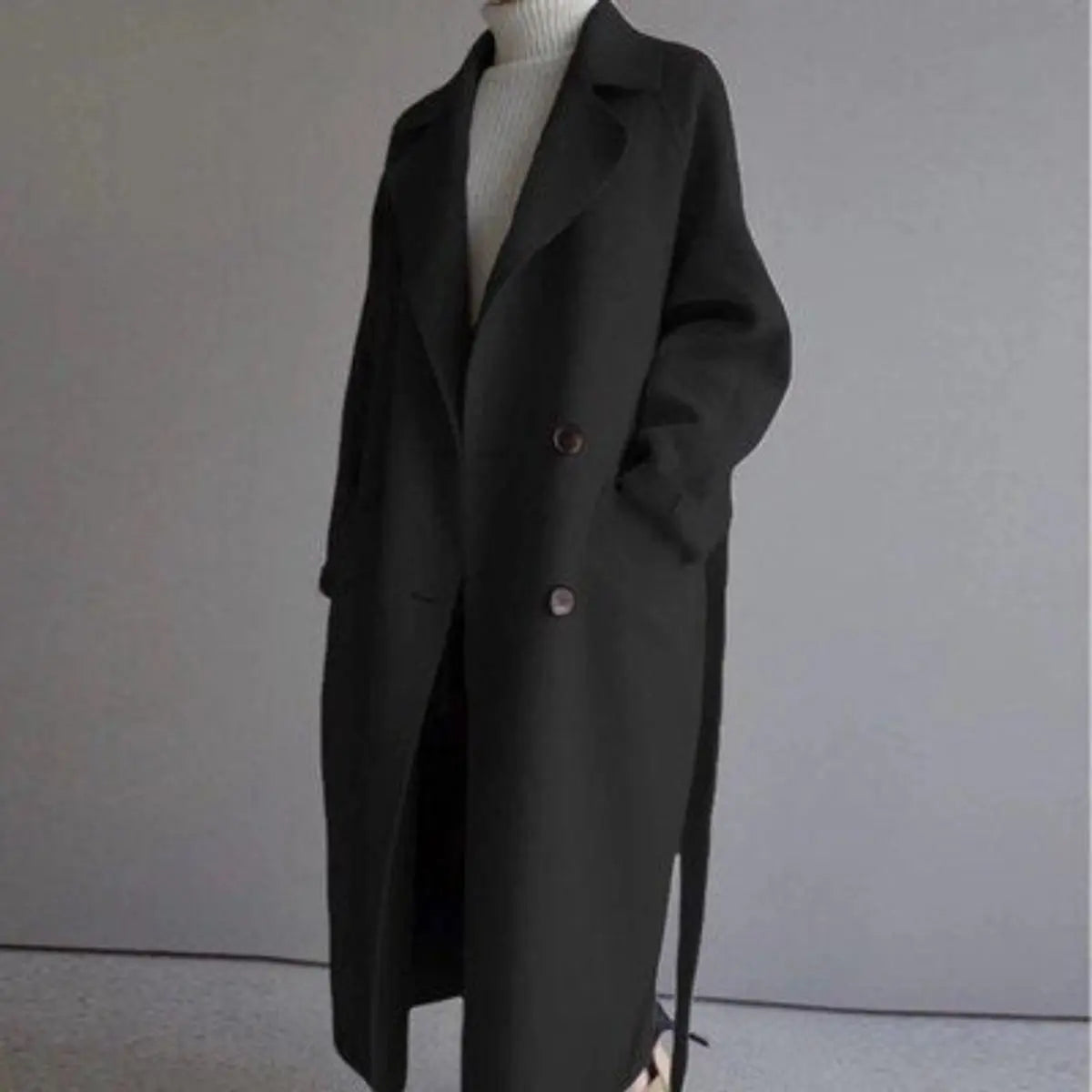 Elegant Double Breasted Women's Long Overcoat for Women with Notched Lapel Long Sleeve Belted Relaxed Style