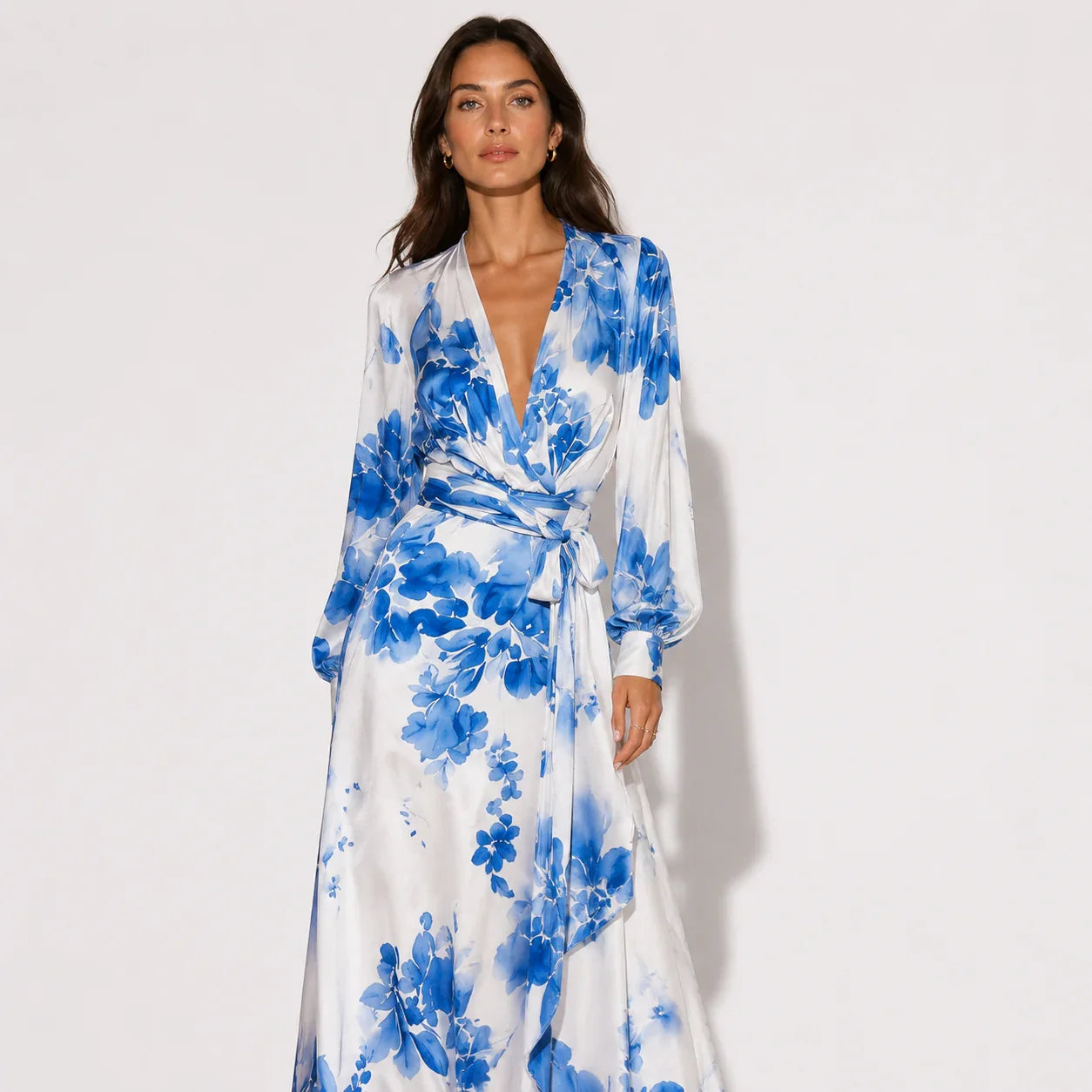 Elegant Floral Satin Autumn Wedding Guest Dress for Women with V Neck Balloon Sleeve Wrap Tie Flowing Style