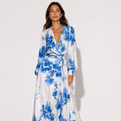 Elegant Floral Satin Autumn Wedding Guest Dress for Women with V Neck Balloon Sleeve Wrap Tie Flowing Style