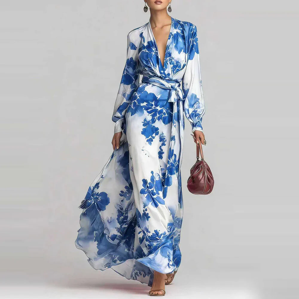 Elegant Floral Satin Autumn Wedding Guest Dress for Women with V Neck Balloon Sleeve Wrap Tie Flowing Style