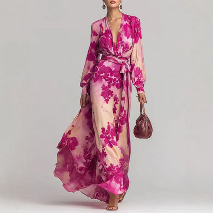 Elegant Floral Satin Autumn Wedding Guest Dress for Women with V Neck Balloon Sleeve Wrap Tie Flowing Style