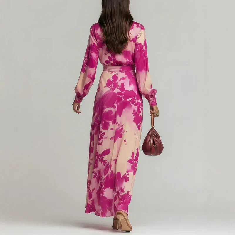 Elegant Floral Satin Autumn Wedding Guest Dress for Women with V Neck Balloon Sleeve Wrap Tie Flowing Style