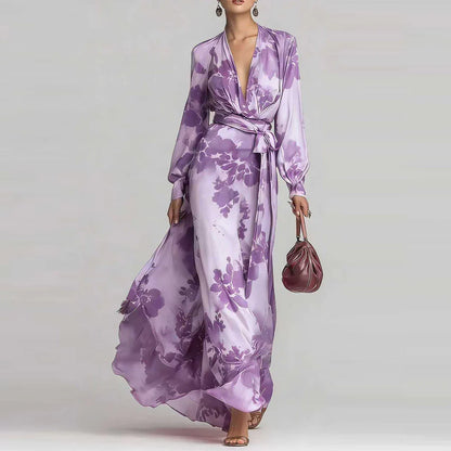 Elegant Floral Satin Autumn Wedding Guest Dress for Women with V Neck Balloon Sleeve Wrap Tie Flowing Style