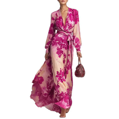 Elegant Floral Satin Autumn Wedding Guest Dress for Women with V Neck Balloon Sleeve Wrap Tie Flowing Style