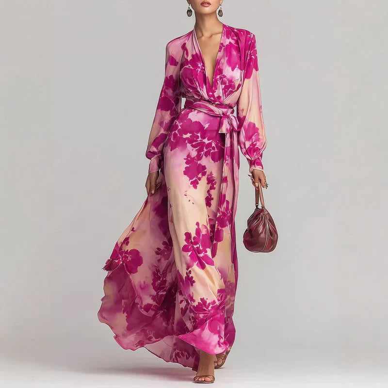 Elegant Floral Satin Autumn Wedding Guest Dress for Women with V Neck Balloon Sleeve Wrap Tie Flowing Style
