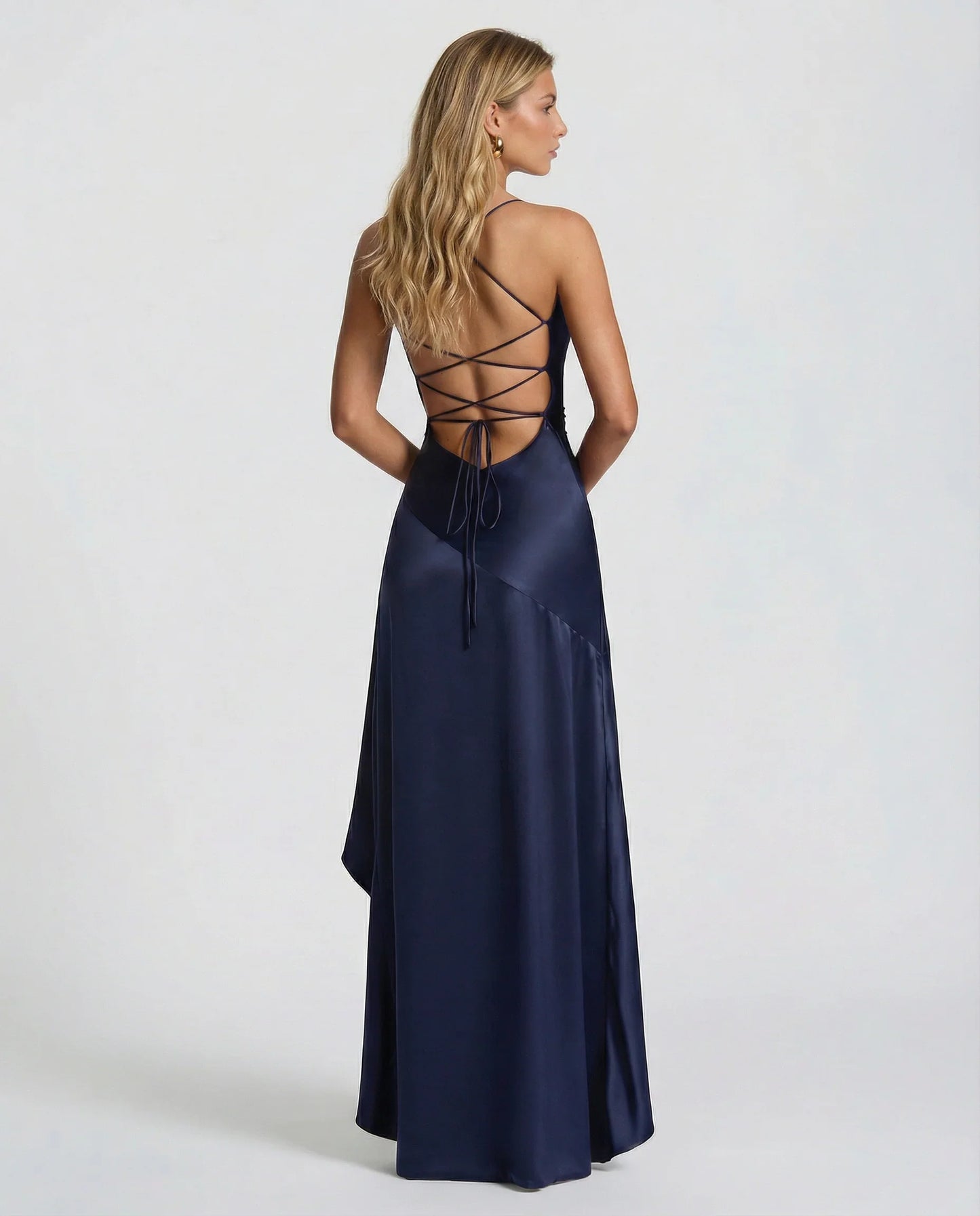 Elegant Satin Autumn Wedding Guest Dress for Women with Sweetheart Neck Spaghetti Strap High Low Ruffle Open Back Style