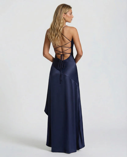 Elegant Satin Autumn Wedding Guest Dress for Women with Sweetheart Neck Spaghetti Strap High Low Ruffle Open Back Style