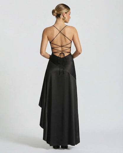 Elegant Satin Autumn Wedding Guest Dress for Women with Sweetheart Neck Spaghetti Strap High Low Ruffle Open Back Style