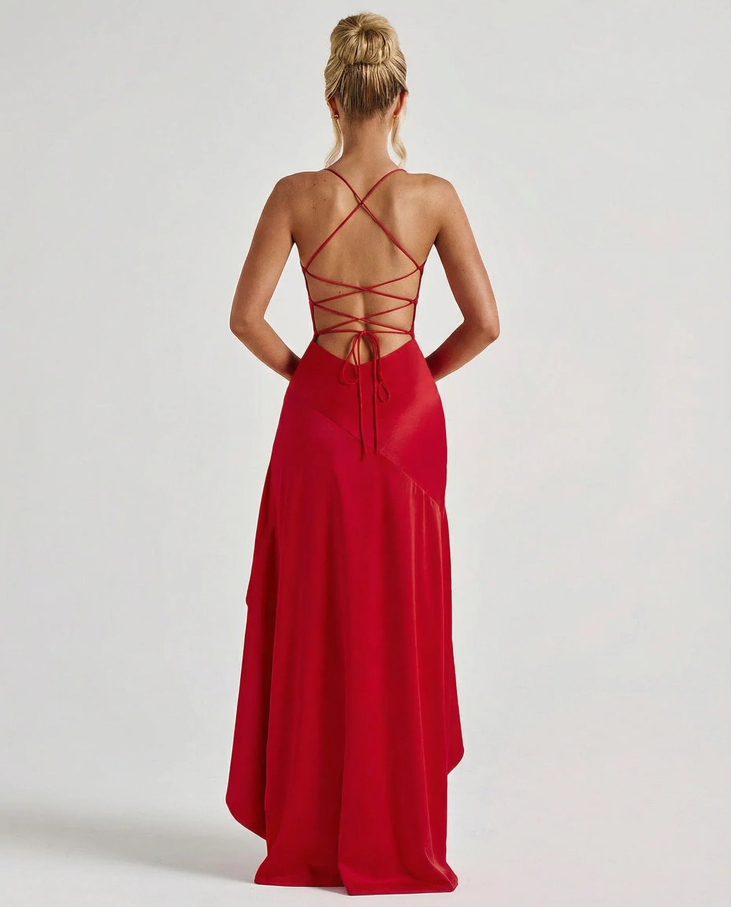 Elegant Satin Autumn Wedding Guest Dress for Women with Sweetheart Neck Spaghetti Strap High Low Ruffle Open Back Style