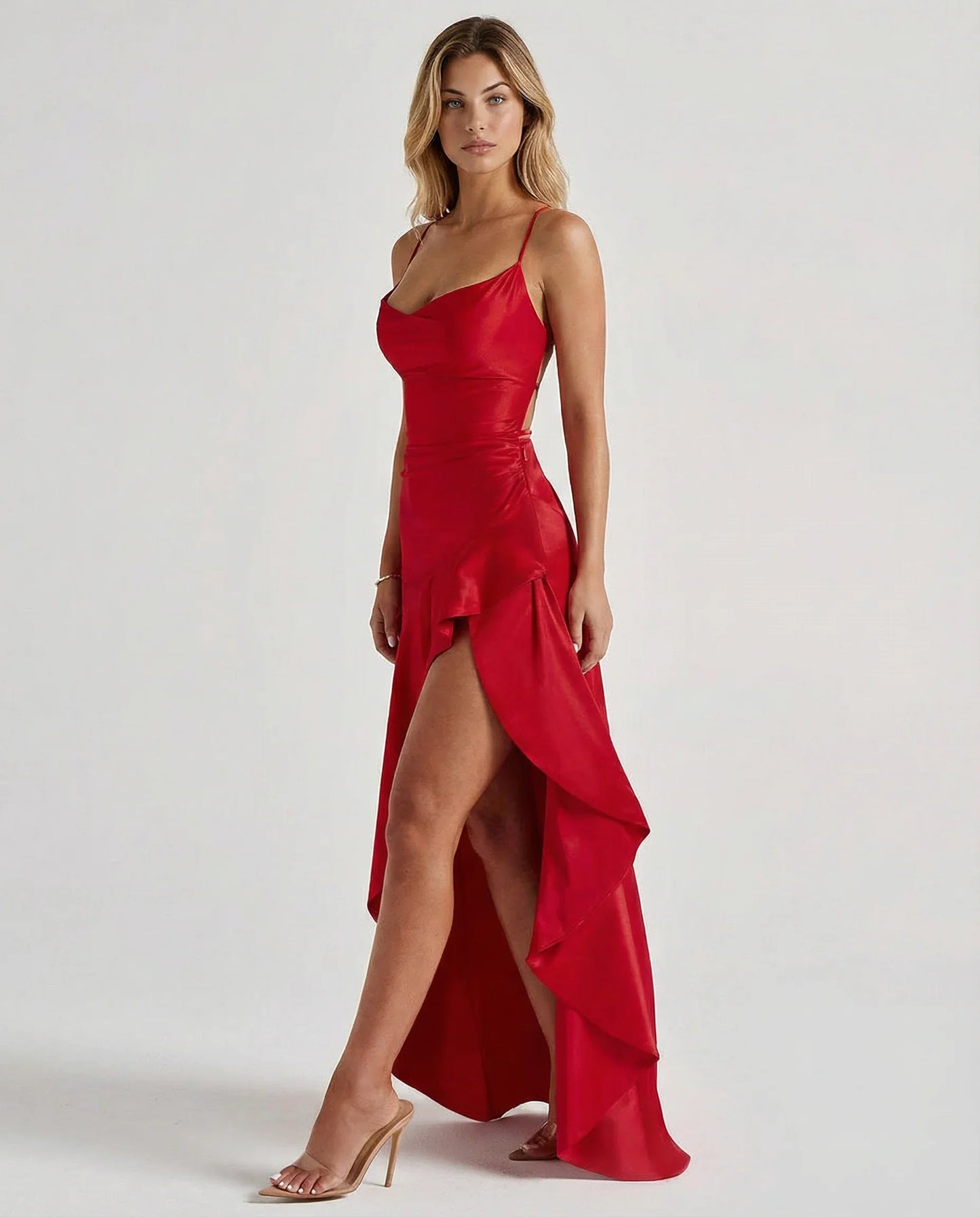 Elegant Satin Autumn Wedding Guest Dress for Women with Sweetheart Neck Spaghetti Strap High Low Ruffle Open Back Style