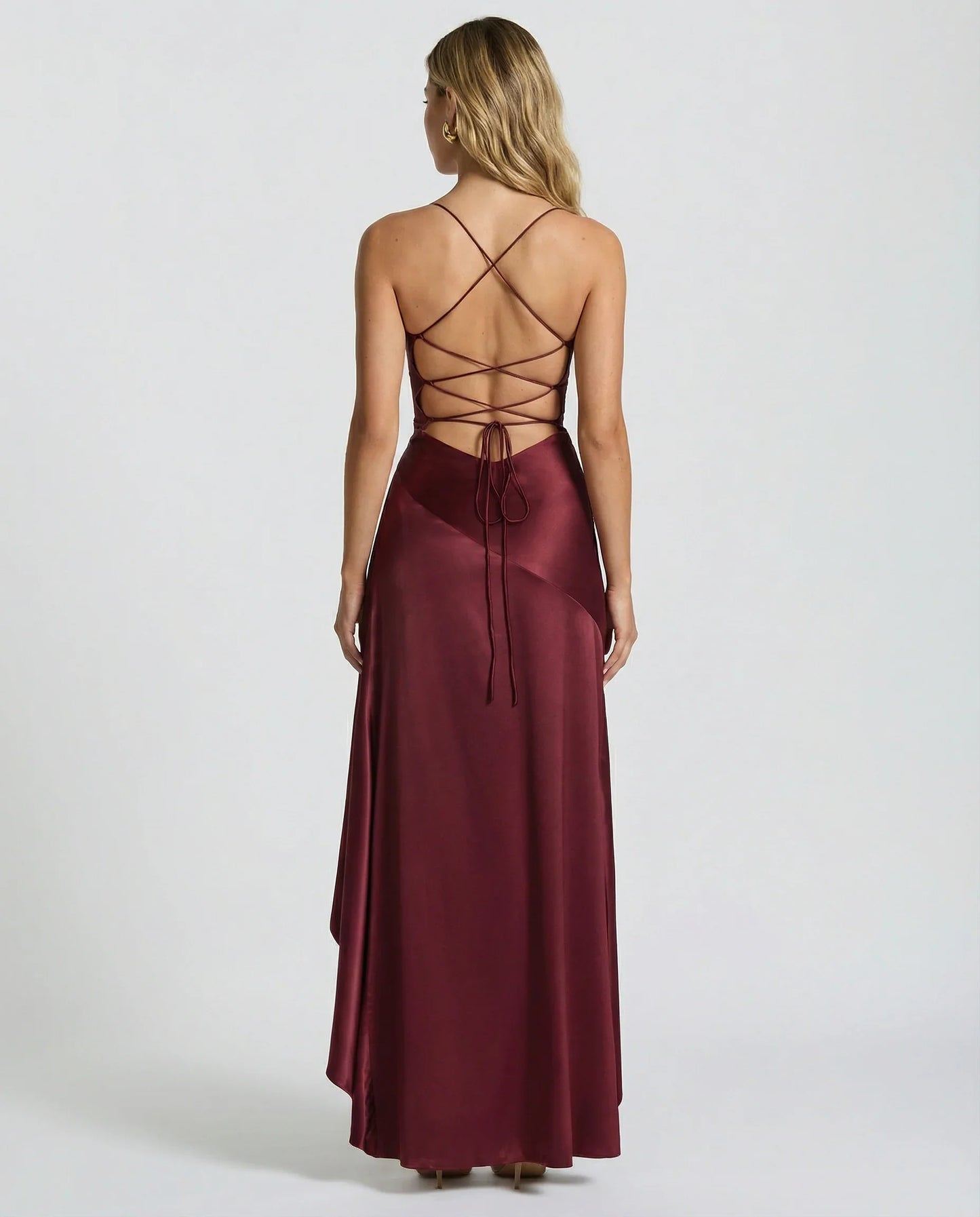 Elegant Satin Autumn Wedding Guest Dress for Women with Sweetheart Neck Spaghetti Strap High Low Ruffle Open Back Style