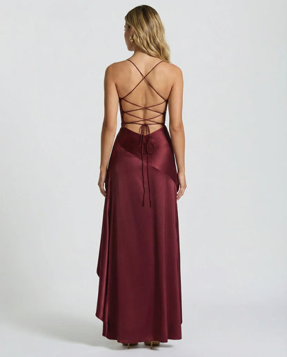 Elegant Satin Autumn Wedding Guest Dress for Women with Sweetheart Neck Spaghetti Strap High Low Ruffle Open Back Style