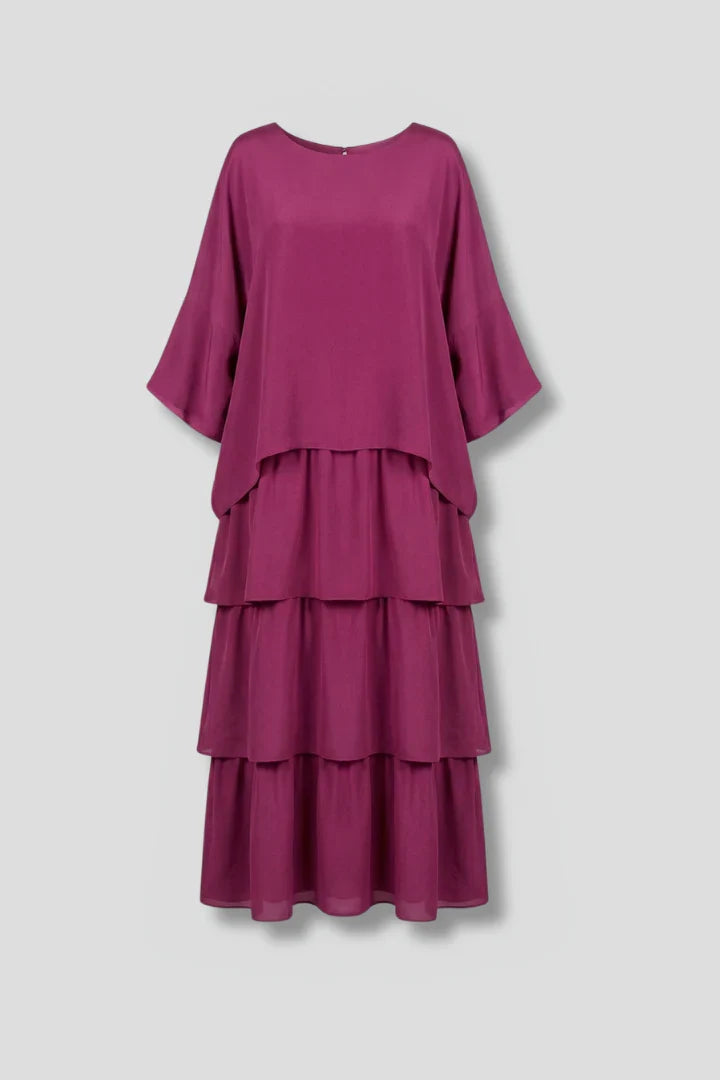 Elegant Tiered Chiffon Fall Wedding Guest Dress for Women with Round Neck Bell Sleeve Ruffle Maxi Style