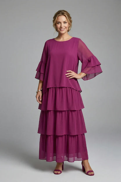 Elegant Tiered Chiffon Fall Wedding Guest Dress for Women with Round Neck Bell Sleeve Ruffle Maxi Style